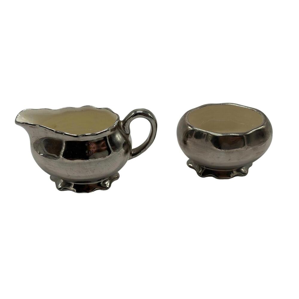 Vintage Grays Pottery Pewter Silver Tone Hand Painted Creamer Sugar Set Hanley - Picture 6 of 9